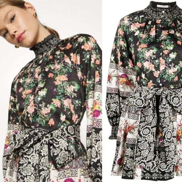 NWT Alice + Olivia Size 6 Janis Floral Mock Neck Mini Dress Dream Castle Multi - Picture 2 of 13